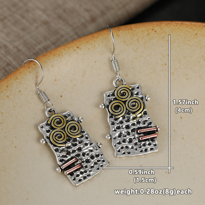 Women's Vintage Textured Rectangle Dangle Earrings, Two-Tone Design