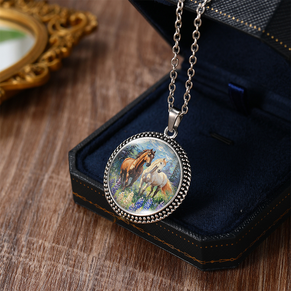 Galloping Horse Illustration Pendant Necklace, Trendy Gift