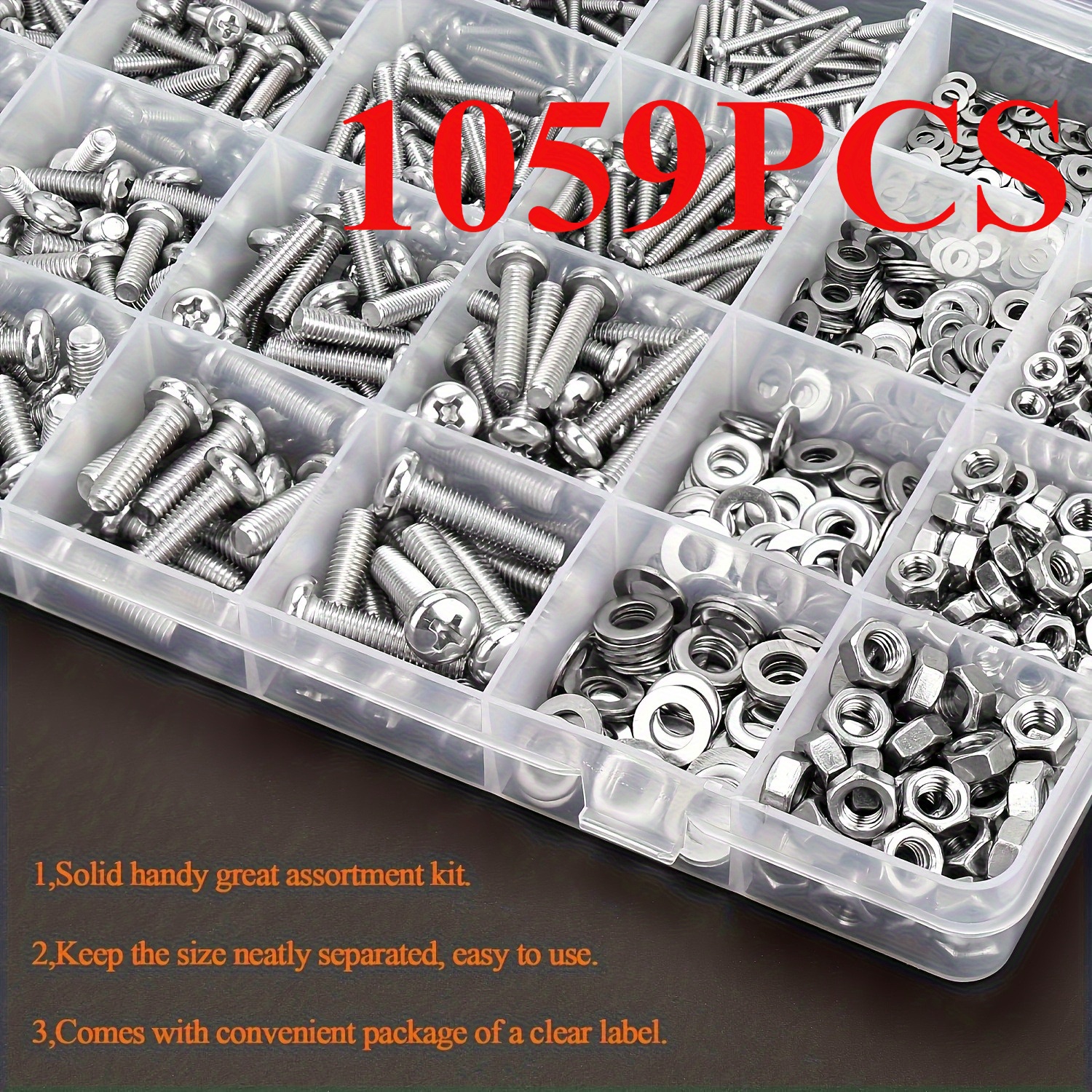 A Kit Containing 1059pcs Of Screws, Nuts, And Bolts, Featuring Round Head Screws And Twist Head Flat Bolts, Packaged In A Box For Home And Industrial Repairs