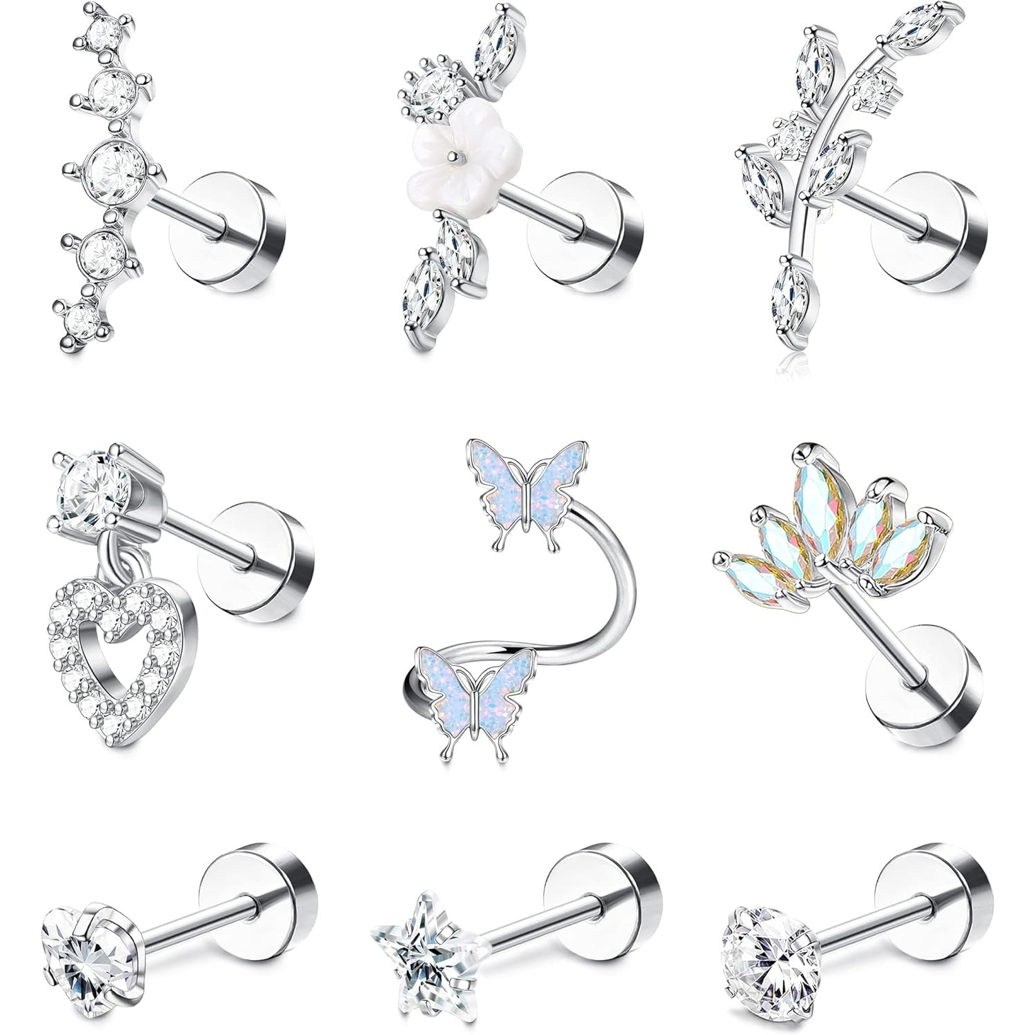 Image of 9pcs Helix Earrings For Women Surgical Steel Conch Tragus Earrings Piercing Flower Snake Ear Piercing Earrings Stud Cartilage Earrings Set Helix Tragus Piercing Jewellery