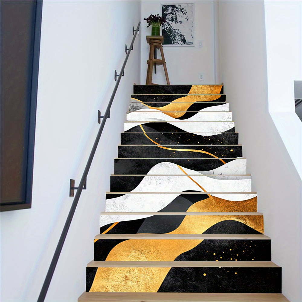 13pcs Modern Abstract Black and Golden Wavy Staircase Decals - Self-Adhesive Vinyl Stair Riser Murals, 100.0cmLx17.98cmW, Peel and Stick for Easy Installation, Elegant Home Décor for Staircases