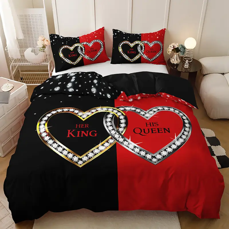 3pcs king queen hearts luxury bedding duvet cover set couple bedding quilt set romantic themed bed quilt set anniversary bedroom decor bed quilt set 1duvet cover 2pillowcase no comforter Product details 3