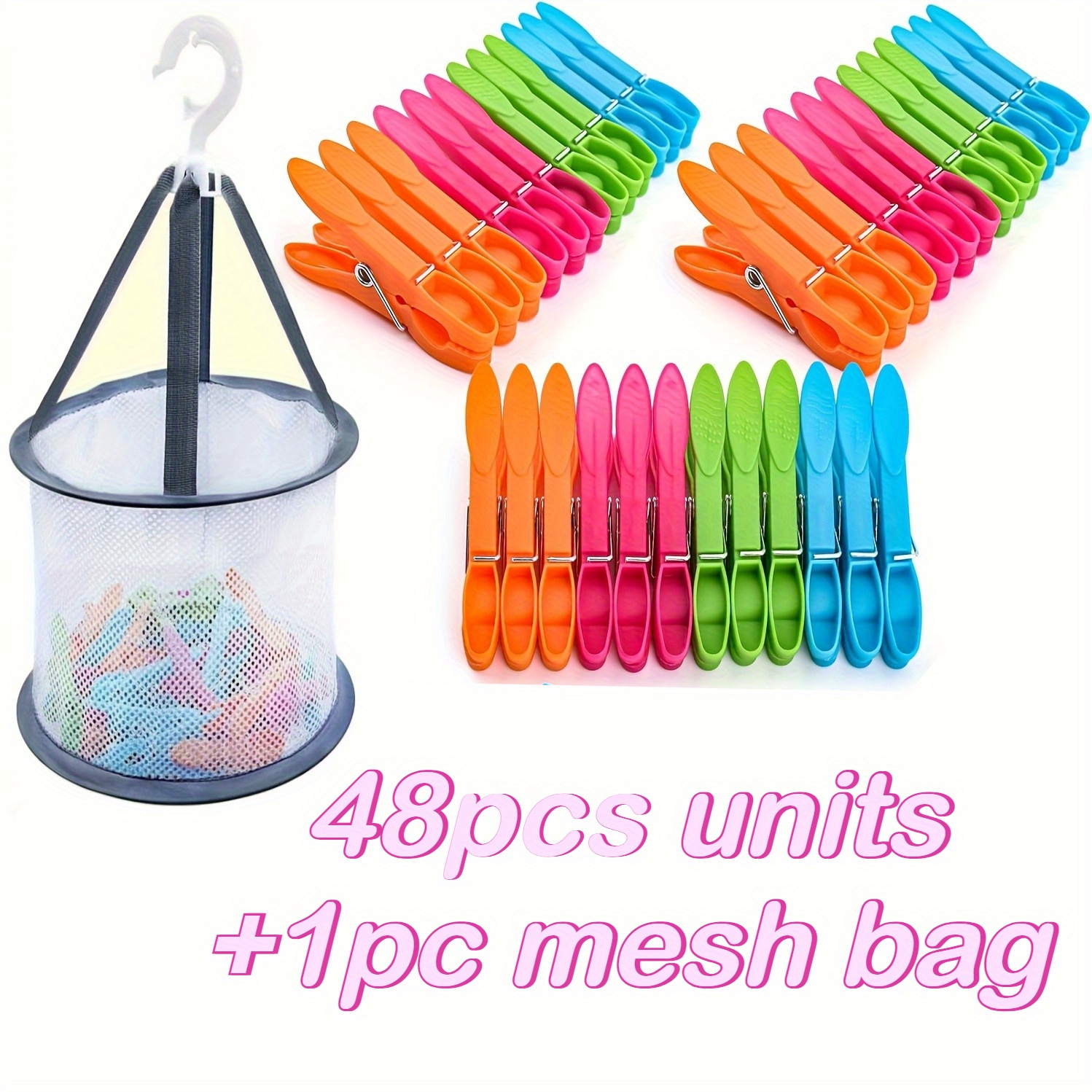 TEMU 49pcs Windproof Traceless Clothespins With Storage Basket - Colorful Plastic Clips For Laundry, Socks, - Clips For Clotheslines & Drying Rack