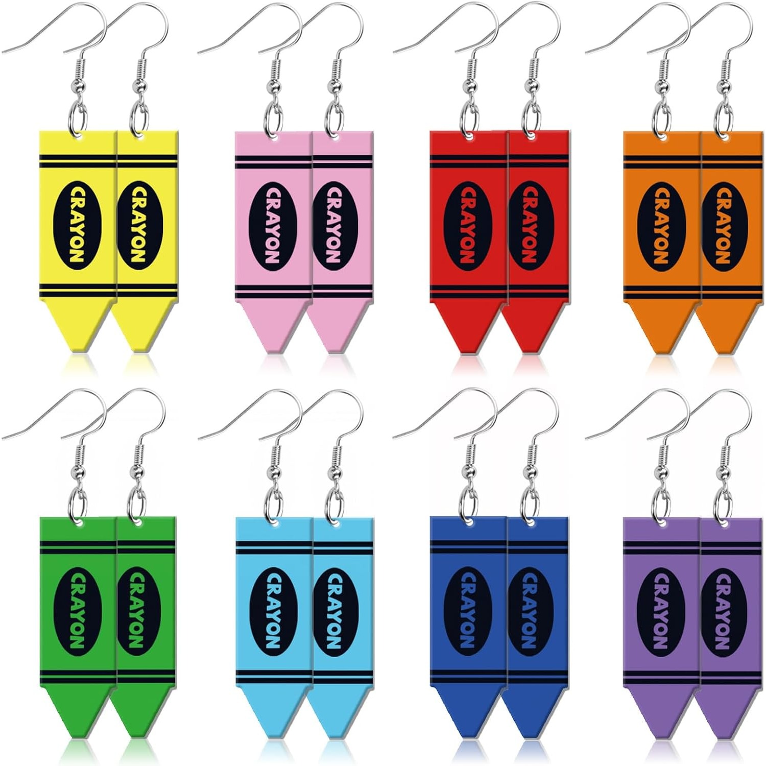 TEMU 8 Pairs Of Colorful Crayon Acrylic Drop Earrings, Mini Cartoon Crayon Print Dangle Earrings, Cute Teacher's Day Gift, Trendy Back-to-school