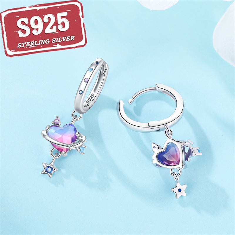 TEMU 1pair 925 Silver Colorful Love Satellite Earrings Hypoallergenic Earrings Jewelry For Women