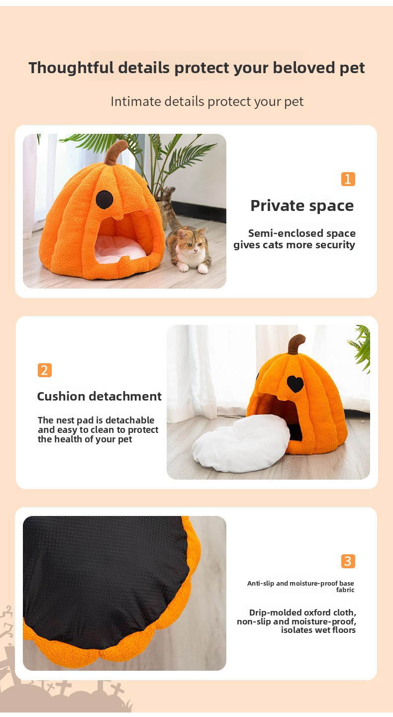 for halloween pumpkin pet nest orange plush soft fabric dome shaped enclosed pet bed with carved eyes and brown stem cozy hiding spot for small for halloween themed festive additions for indoor for halloween celebrati Product details 5