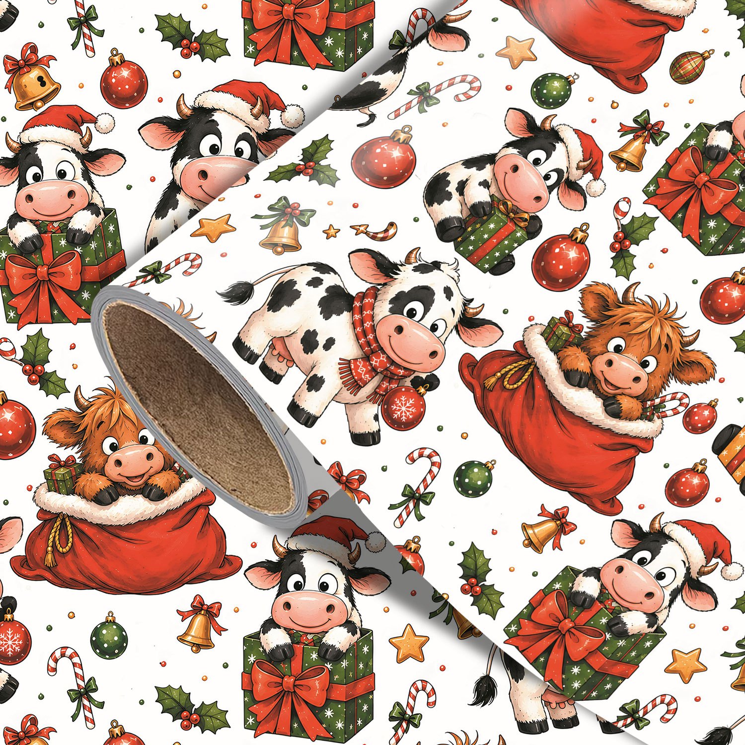 TEMU Rouleau de de Noël amusant - Mesure 17,7 pouces X 118 pouces, joli motif de vaches et Highland avec chapeaux et écharpes de Père Noël, parfait