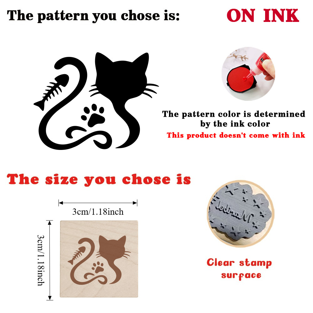 Wood Cat Stamp with Fishbone Paw Print for DIY Crafts