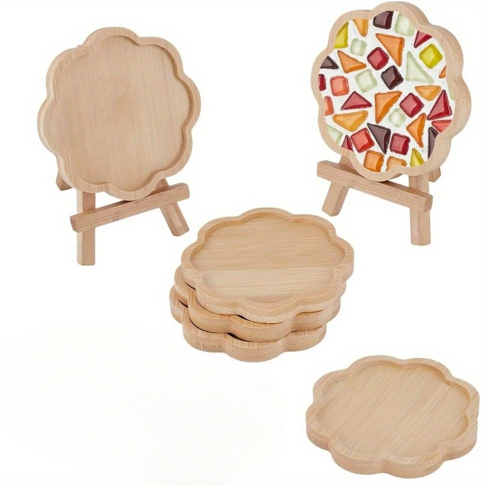 6pcs Mosaic Bamboo Coasters, Floral Shaped Fillable Trays, 3.7-inch Drink Mats, Suitable For Plate Decoration, Handicraft Desktop Flower Pot Protection, Home Decor