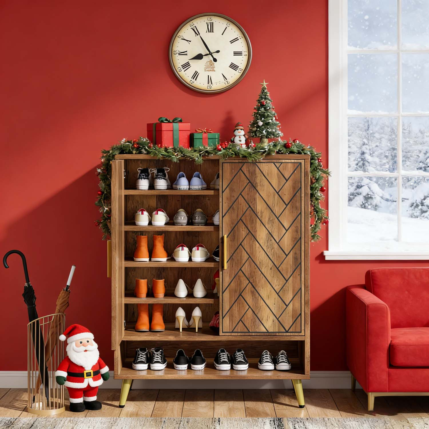 6-tier Modern Wood Shoe Cabinet With Doors - Walnut & Legs, Space- Tall Shoe Storage Organizer Suitable For Entryway, Hallway, Bedroom - Assembly, Sturdy Wood, 6-tier -standing Cabinet