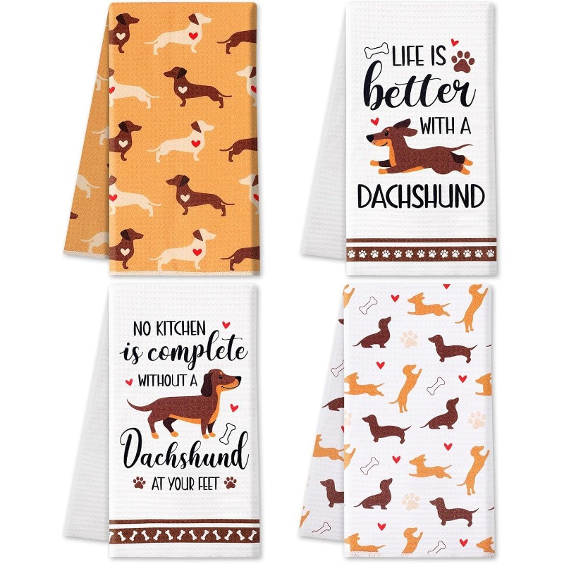 

4pcs Set Dachshund Dog Kitchen Towels - 18x26 Inch, Polyester, Machine Washable, Modern Cartoon Design For Home & Holiday Decor, Perfect Gift For Dog Moms And , Best For Christmas