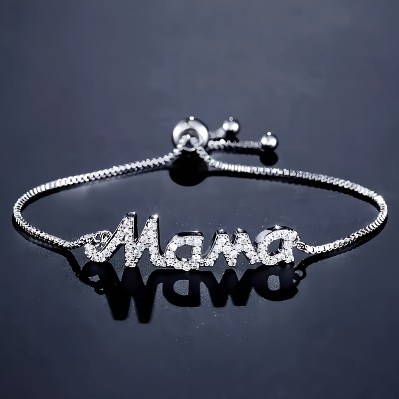 TEMU Elegant Adjustable "mama" Monogram Bracelet - Cubic & Metal, Bohemian Style Jewelry Gift For Mother&rsquo;s Day, Easter, Birthdays, Casual Attire, Sophisticated Charm Bracelet | Jewelry