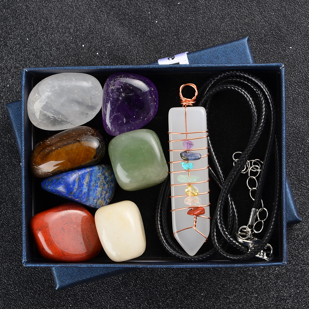 Image of 8pcs/set Real Chakra Stones A Set, Presented In A Box With Natural Tumbled Stones, Polished Crystals Color, Delicate And Elegant, A Universal Style For Men And Women.