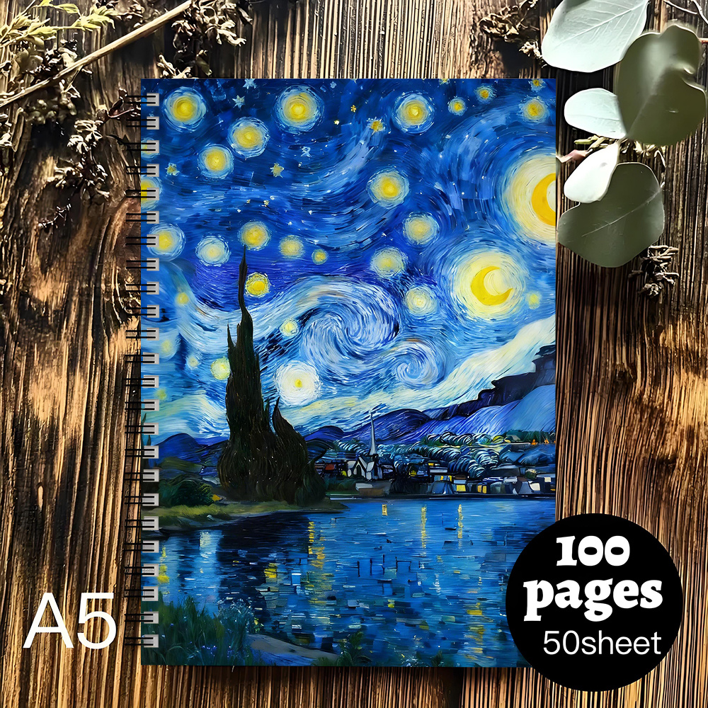 TEMU 바네가르의 별이 빛나는 밤 예술 하드커버 스파이럴 노트북 - 파란색과 금색의 회오리 모양의 밤하늘 디자인으로, 학교, 사무실 및 미술 수업에 적합한 컴팩트한 대학생용 줄거리 저널입니다. 여성, 교사, 학생을 위한 이상적인 선물입니다.