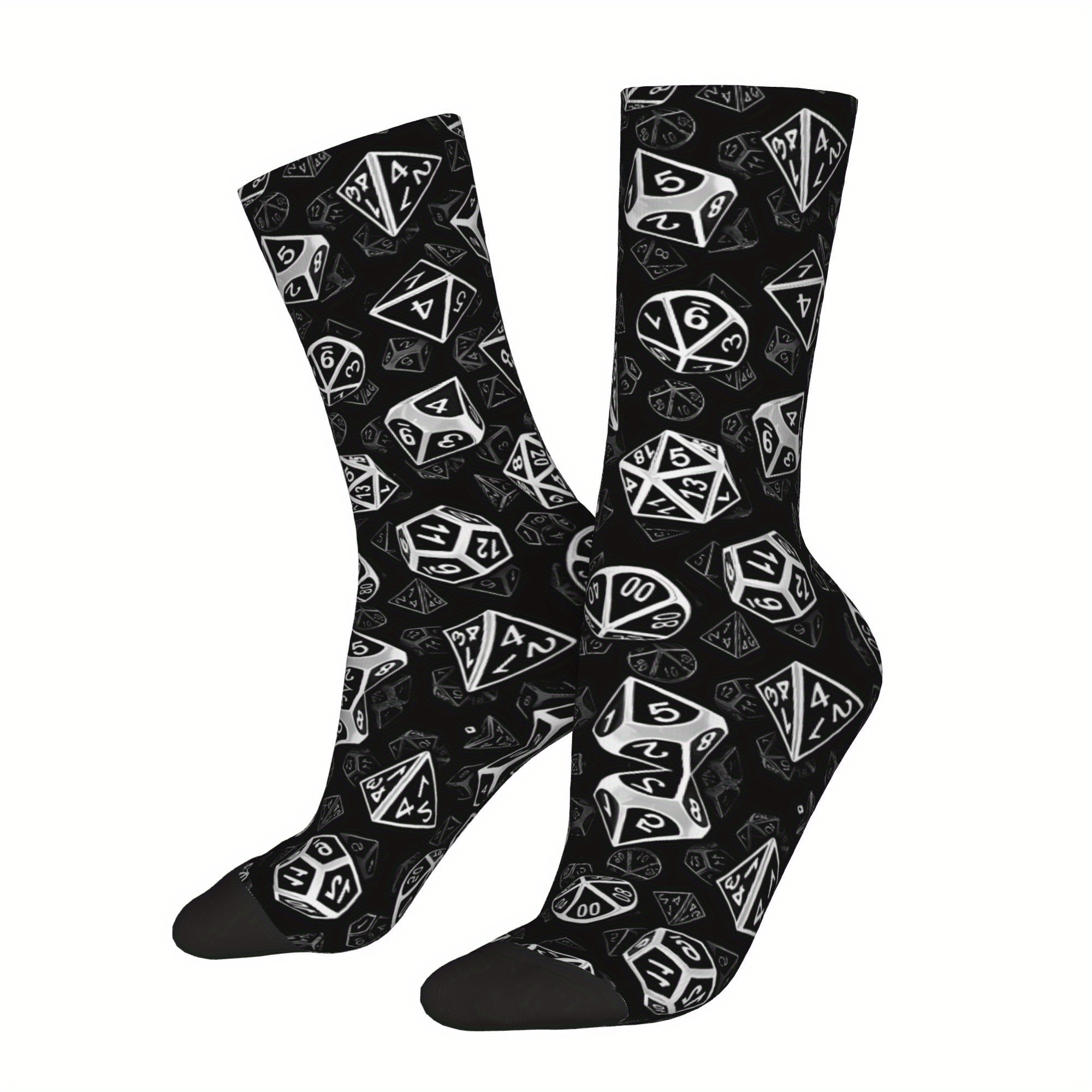 TEMU 1 Pair Novelty Socks, D20 Dice Print, Hip Hop Pattern, Crew Socks, Polyester & Elastane, Hand Or ,