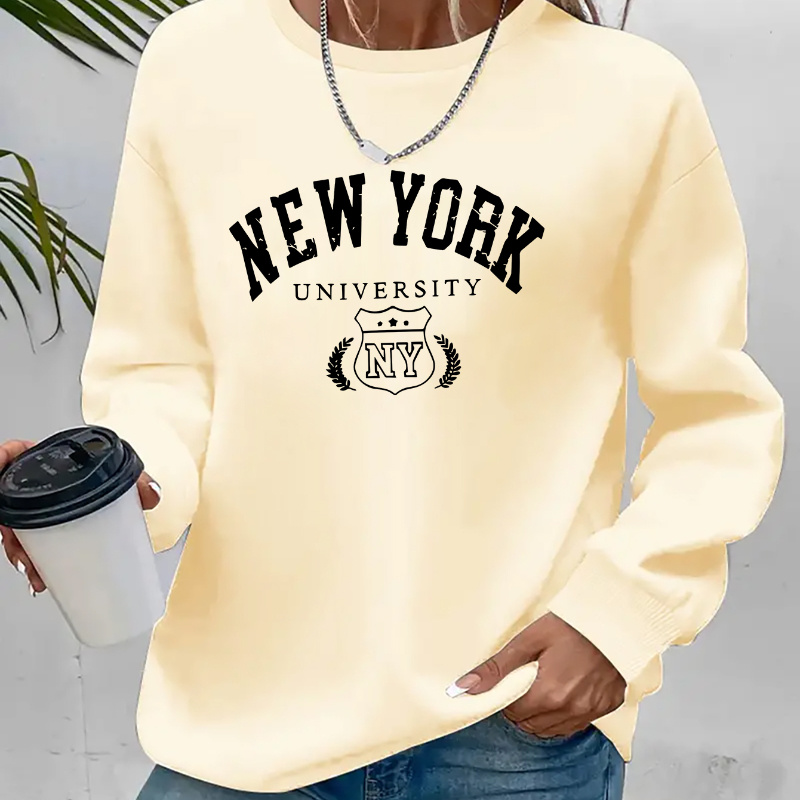 

Women's Casual Long Sleeve Crew Neck Sweatshirt - New University Letter Print, Black Polyester Pullover For Fall/winter