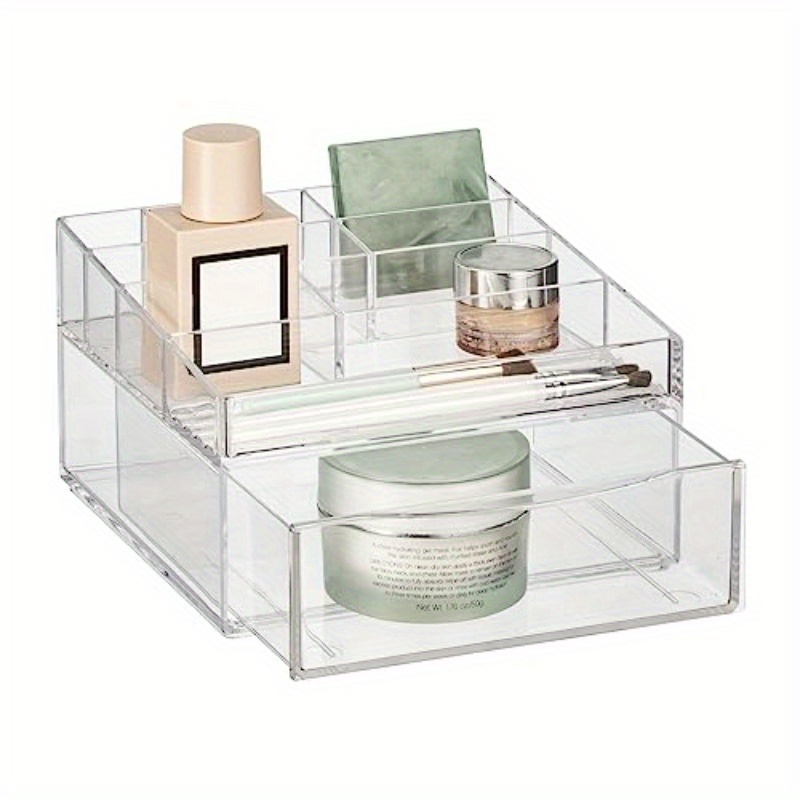   collection clear plastic divided makeup organizer bin with front drawer 11 compartment bathroom vanity storage for cosmetics brushes nail art tools durable countertop organizer space saving design 7 68x7x4 6in cosmetic storage organizer versatile use     material home organizers Product details 0