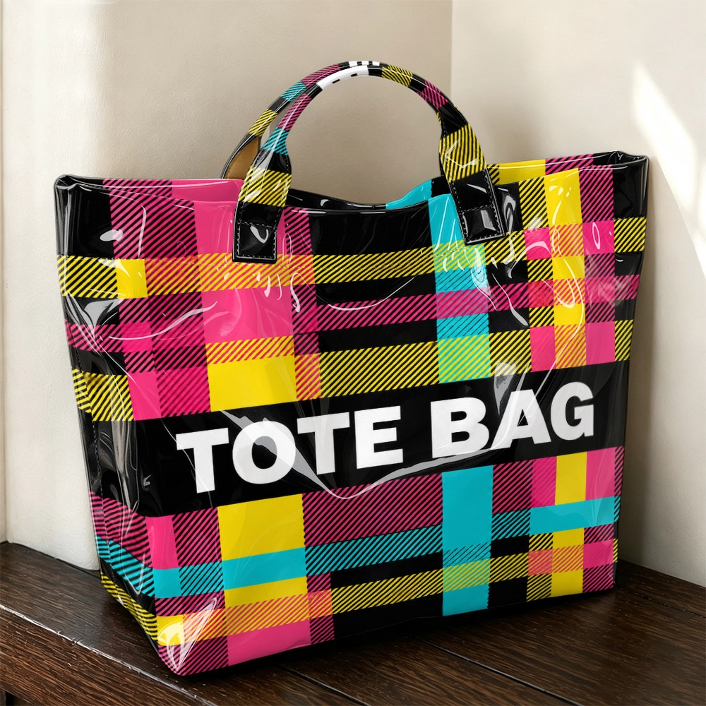 TEMU Neon Contrast Thick Diagonal Tote Bag White Letter Printed Glossy Handheld Tote Bag, For Street , School , Unique Outfit, Short , Y2k Hot Large
