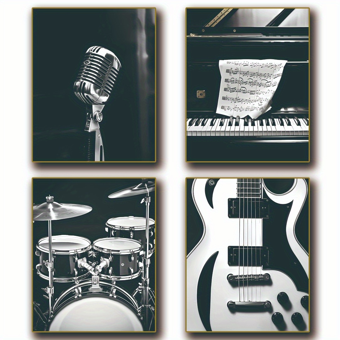 

4pcs Vintage Music Instruments Art Prints, Retro Musical Wall Decor Set - Microphone, , Guitar Posters For Music Room, Bedroom - 8x10inch