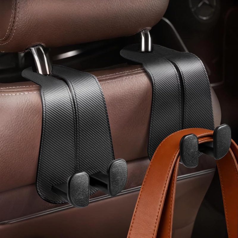 Wide Car Back Hooks, Premium Stitched Headrest Hangers With Wide Slot Structure, Universal Any-width Purses, Handbags, Bags (2 Pack), Carbon Fiber Black