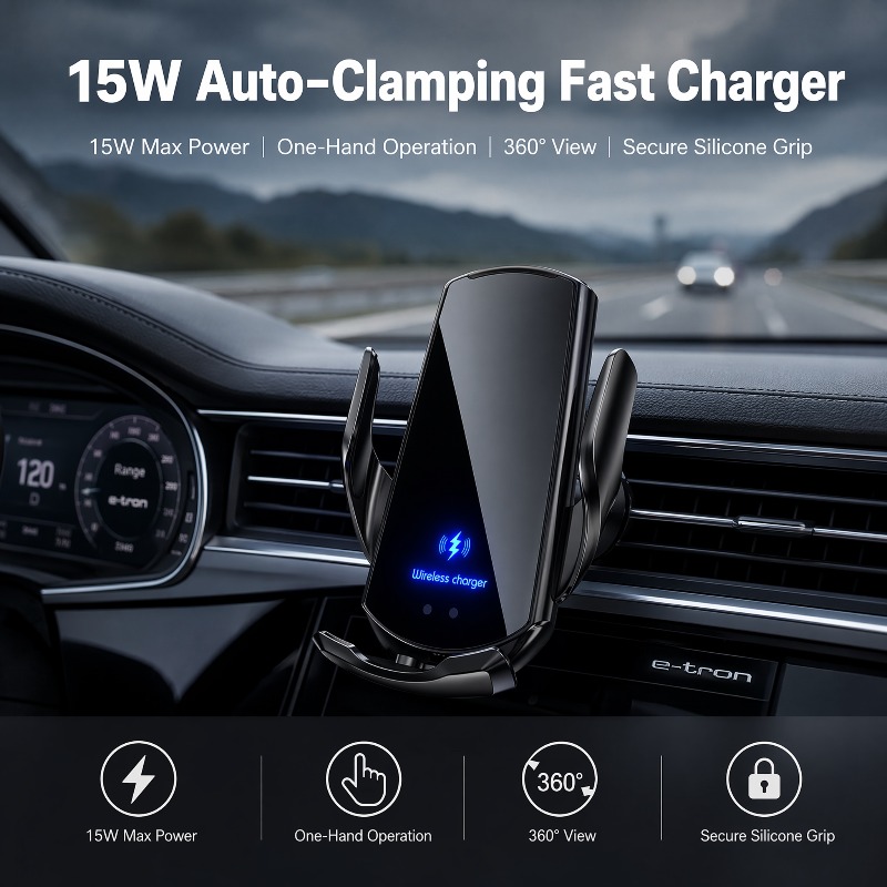 Image of 15w Wireless Car Charger, Smart Infrared Sensor Clamp, Compatible With / (iphone 15 Pro Max,, Etc.), Includes 2 Metal Plates For All Phones, Mount