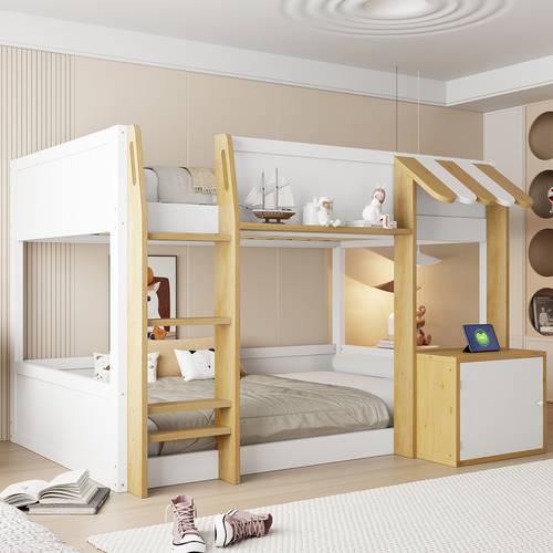 twin over twin bunk bed with integrated desk storage ladder white