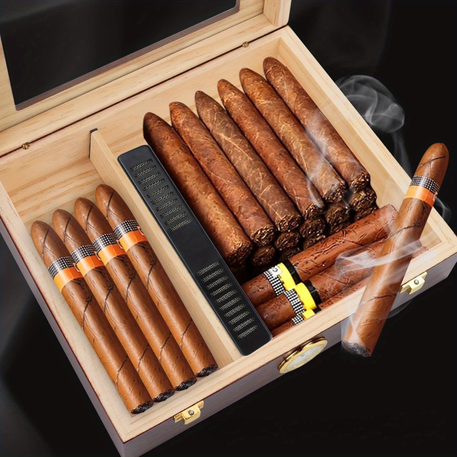Cigar Humidors Storage 25-50 Cigars Box, Tempered Glass Top Display, Handcraft Spanish Cedar Wood Cigar Case with Divider, Humidifier and Hygrometer, Gift for Man, Sapele Cherry