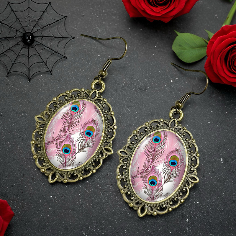 Women's Colorful Peacock Feather Oval Glass Dangle Earrings