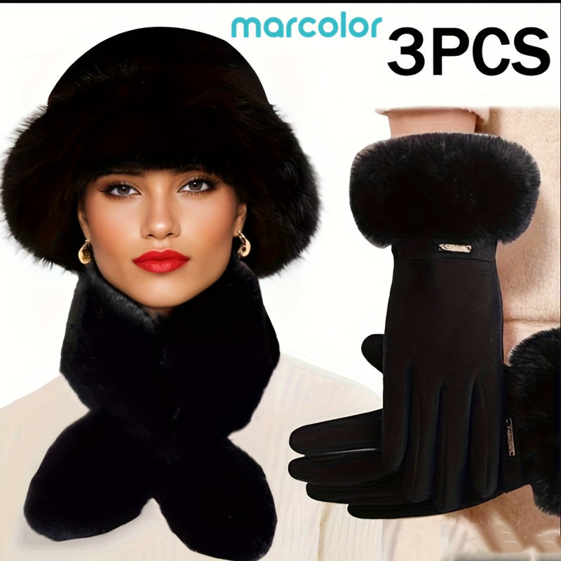 TEMU Ensemble d'accessoires chauds d'hiver pour femmes, 3 pièces - Fabriqué en fibre de polyester, comprenant des gants, un écharpe et un chapeau,