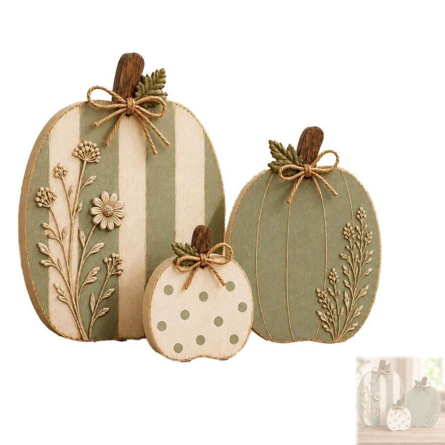 TEMU Sage Cream Raised Solid Wood Pumpkin Trio Rustic Farmhouse Style Autumn Tabletop Ornament For Seasonal Home Interior Decoration