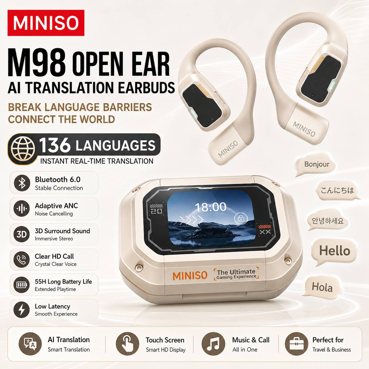 TEMU 2026 New Miniso M98 Open Ear Ai Translation Wireless Earbuds, Built-in Smart Touch Screen, Support 136 Languages Instant Translation, Bluetooth