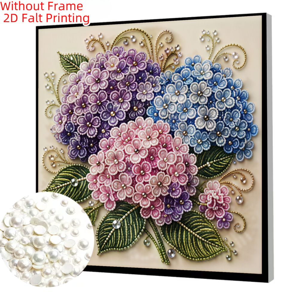 TEMU 2d Flat Diy Pearl Art Painting Kit Hydrangea Flower Bouquet Ncludes Round Pearls, Sparkling Gems, Clear Symbols, Complete Tool Set And Extra