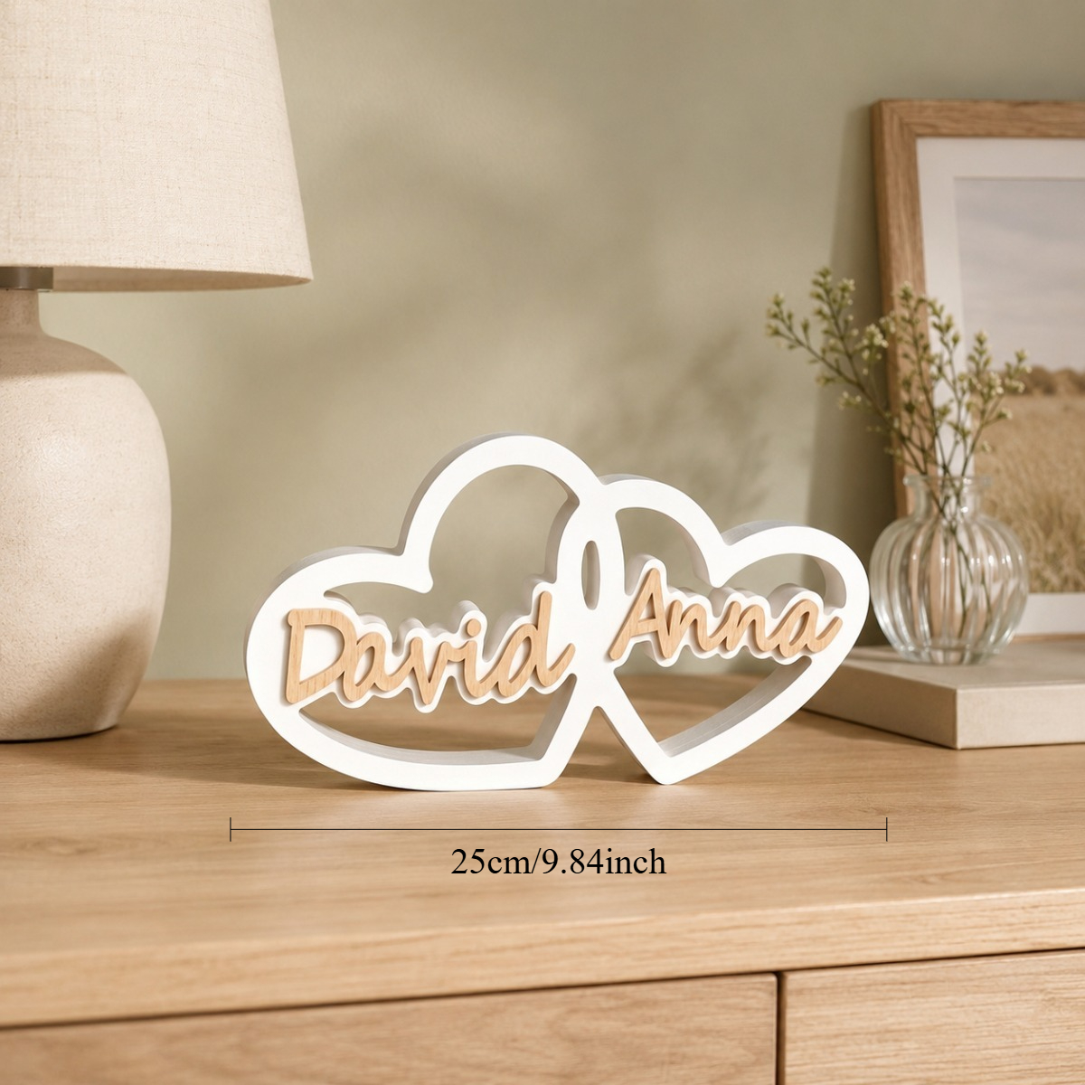 TEMU Custom Interlocking Tabletop Sign, White Pvc Linked Heart Frame With Pink Wood Cutout Couple Names, Freestanding Desktop Ornament, Wedding