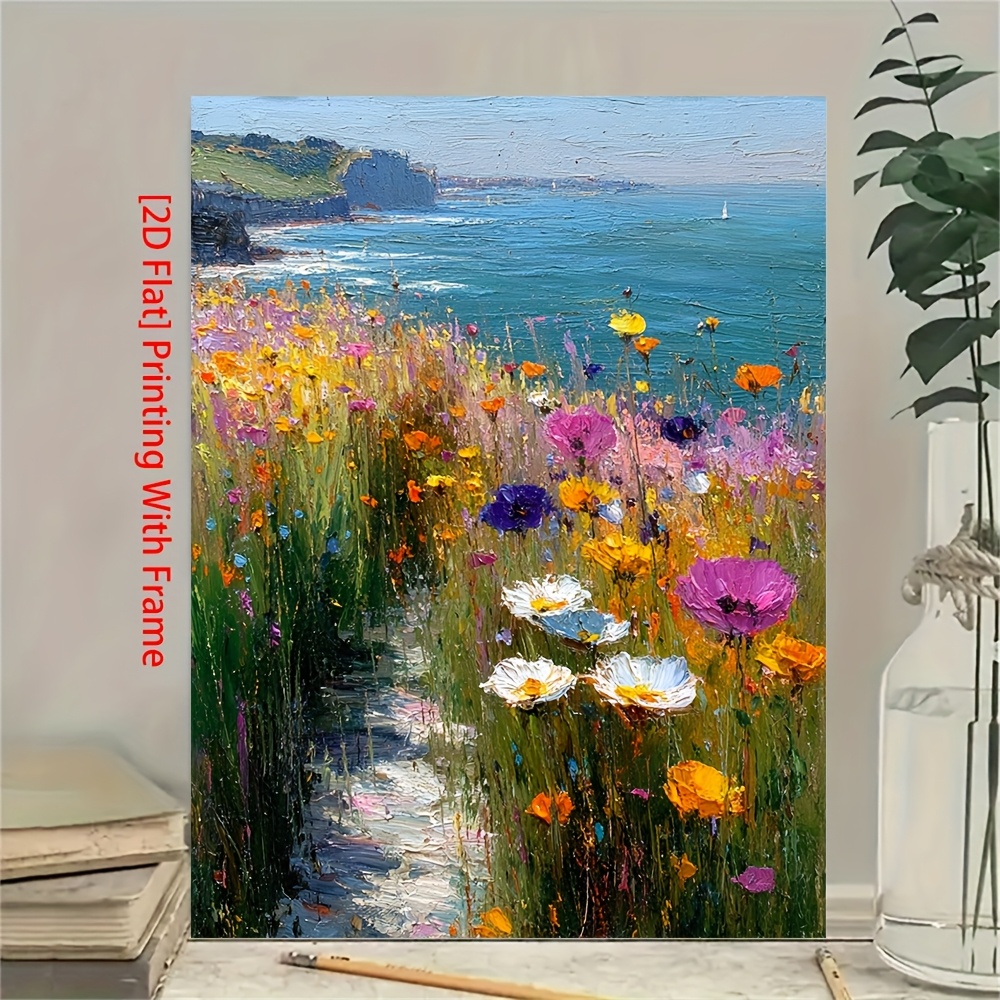 TEMU 2d Flat, 2d Flat, 1pc, [2d Flat] With Frame, X, Scene, French Canvas Art, Coastal Landscape Painting, Decor Canvas, 2d Flat Wrapped Solid Wood