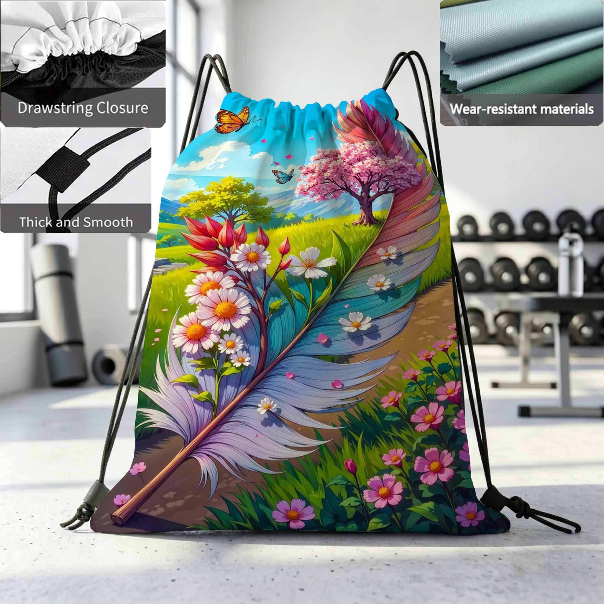 imagen del artículo mochila de 1 pieza con estampado de mariposas, plumas y flores, tela oxford  , portátil, multibolsillos, adecuada para gimnasio, viajes, deportes