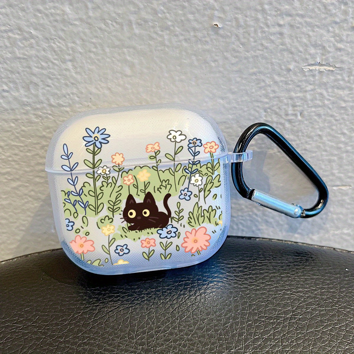 TEMU Flower Bush Black Cat Pattern Earphone Case With D-ring For Airpods4/ Generation Protective Case For Iphone Earphone Case, For Airpods Earphone