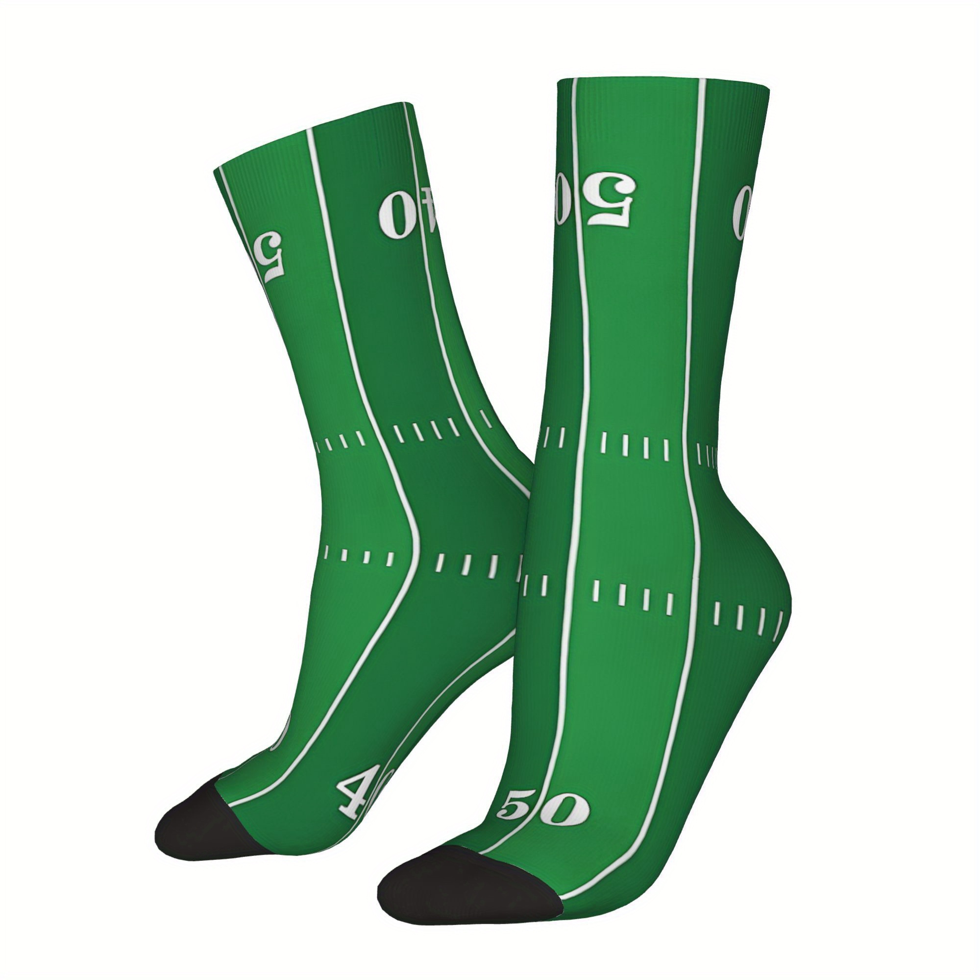 

1 Pair Men' American Football Field Design Crew Socks - Green With White & Black Accents, Fun Novelty Sporty Look, Polyester , Sports Enthusiasts, Football Socks