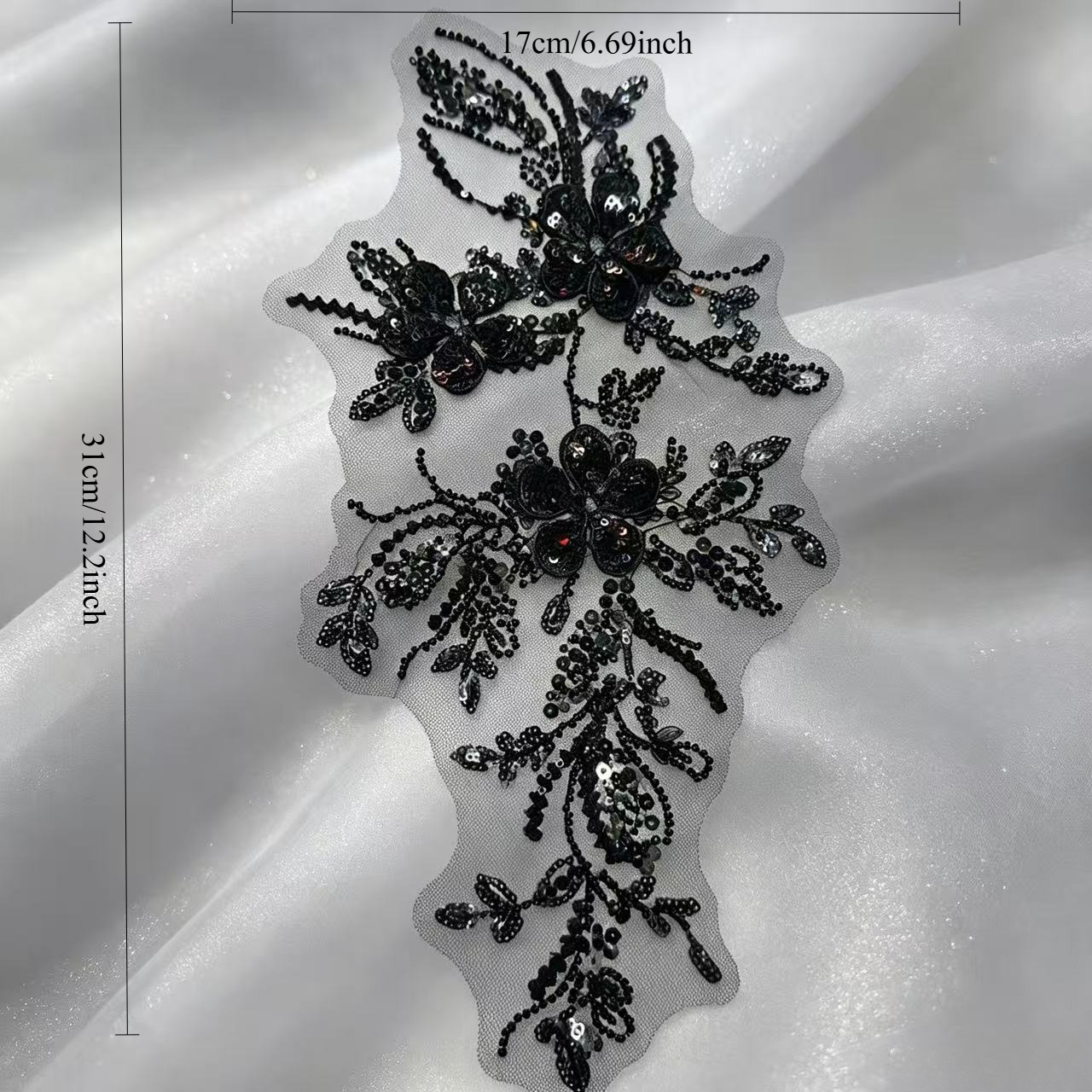TEMU Aplique de bordado floral 3D gótico con cuentas para , parche de encaje de terciopelo con lentejuelas de de diamantes de malla negra para