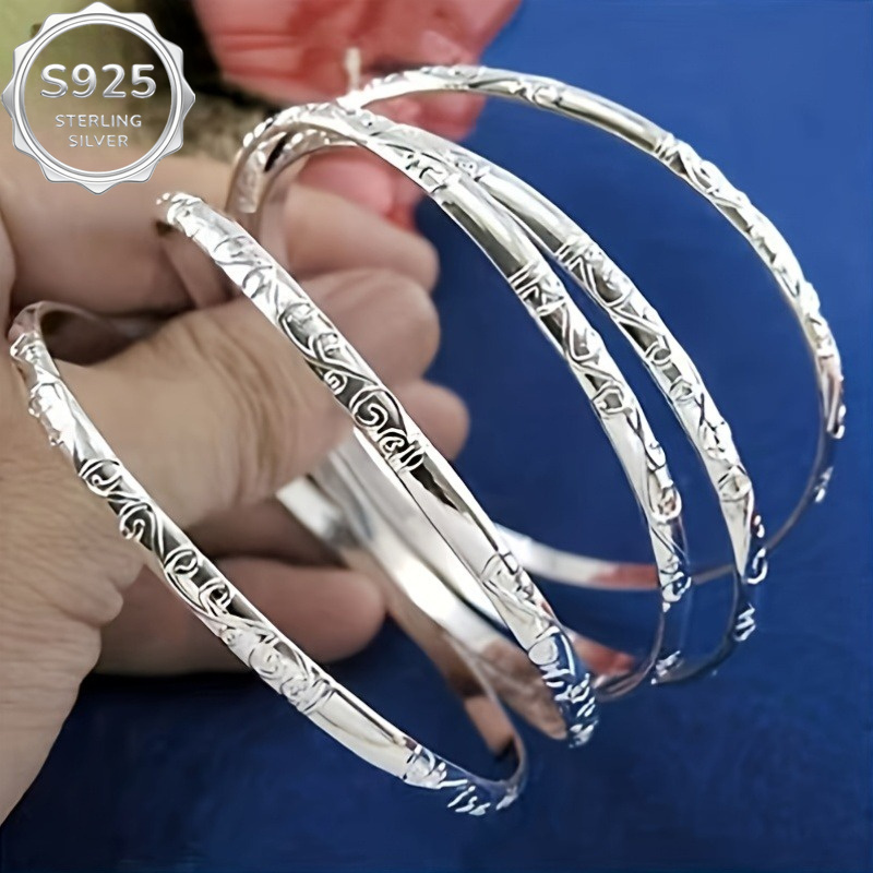TEMU Bracelet pour femme en argent S925, 5 pièces, finement sculpté de fleurs en cercles, avec un , empilable à plusieurs anneaux, antiallergique,