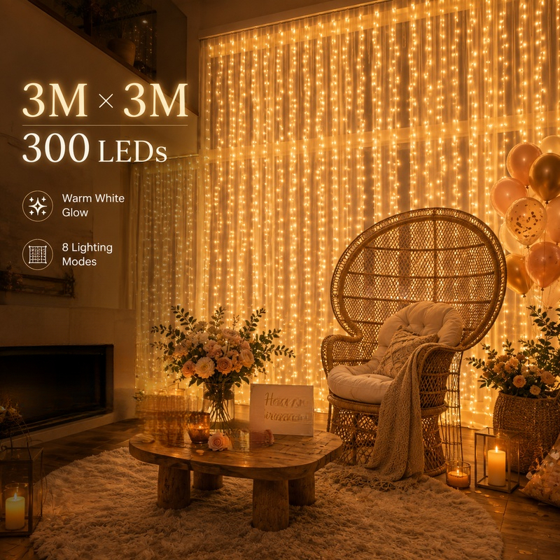 TEMU Majisu X 300 Led Smart Curtain Fairy Lights, Warm White Usb Powered String Lights With 8 For Christmas, Halloween, Wedding, Birthday, Bedroom &