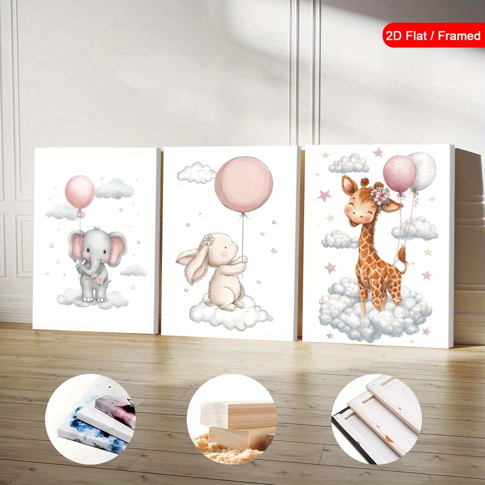 3pcs Wood Frame Pink Balloons Wall Art Prints, Unframed