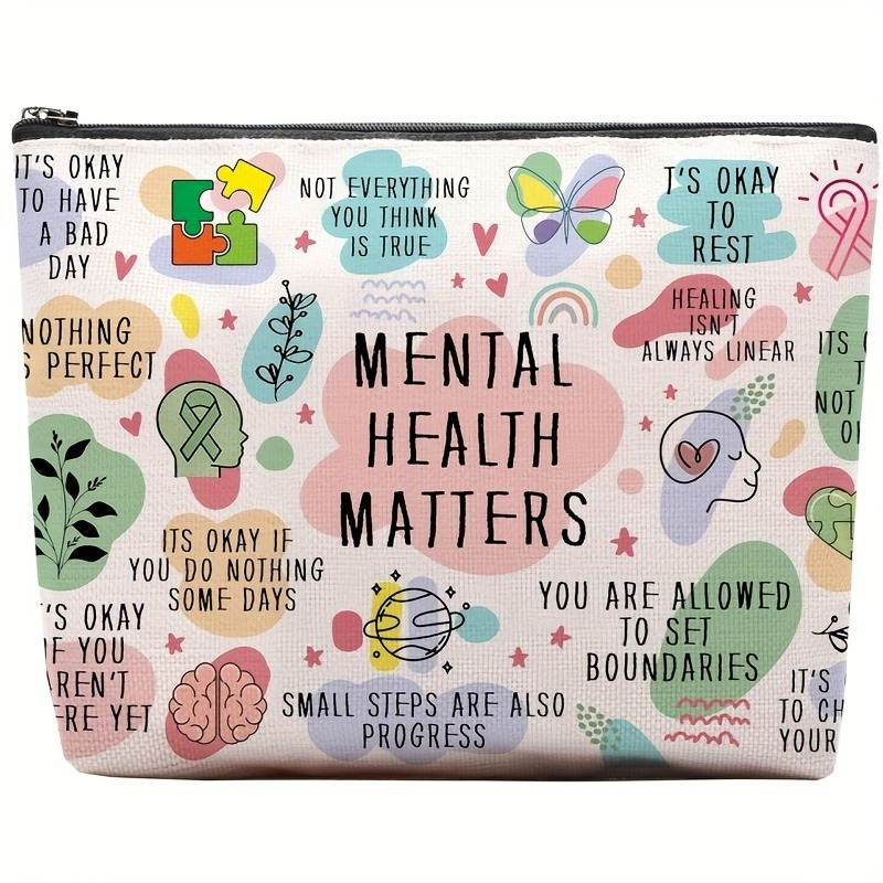TEMU 1pc Inspirational Mental Health Makeup Bag For Women, Positive Affirmations & Quotes Design, Linen Cosmetic Pouch, 9"x23", Unscented, Suitable