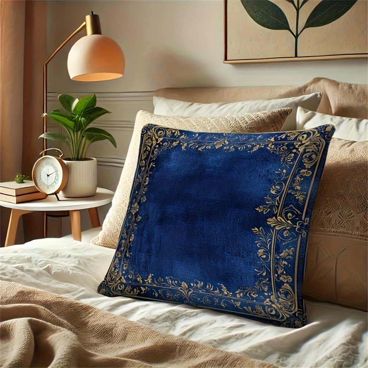 TEMU 1pc 2d Luxury Style Cushion, Suitable For Vintage Living Room/bedroom, Royal Blue Velvet Texture + Gilded Pattern Elements, "light Luxury Style