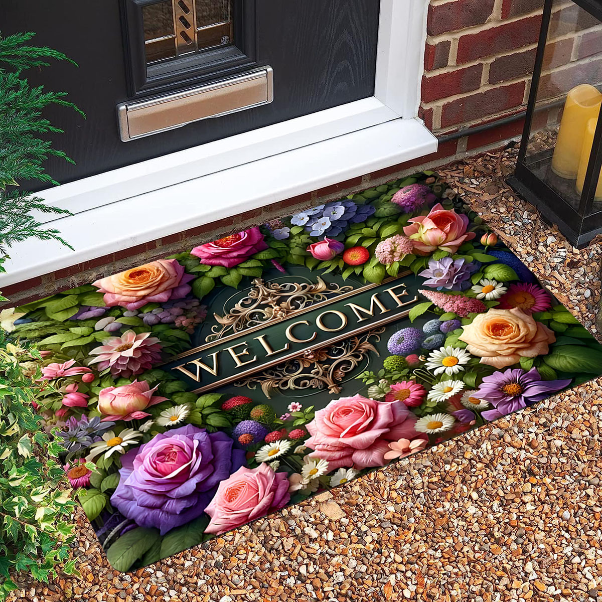 welcome floral doormat polyester non slip stain resistant lightweight washable rectangular entrance mat with     indoor outdoor christmas thanksgiving valentines easter graduation details 2