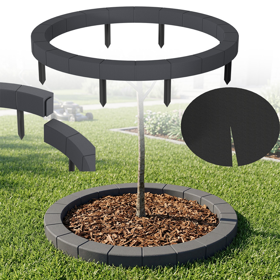 Tree Ring Lawn Edging With Weed Barrier Fabric & Ground Stakes, Tree Border For Trees Shrubs, Robotic Mower Friendly Garden Edging, / Grey, 60/72. 5cm & 80/92. 5cm Diameter
