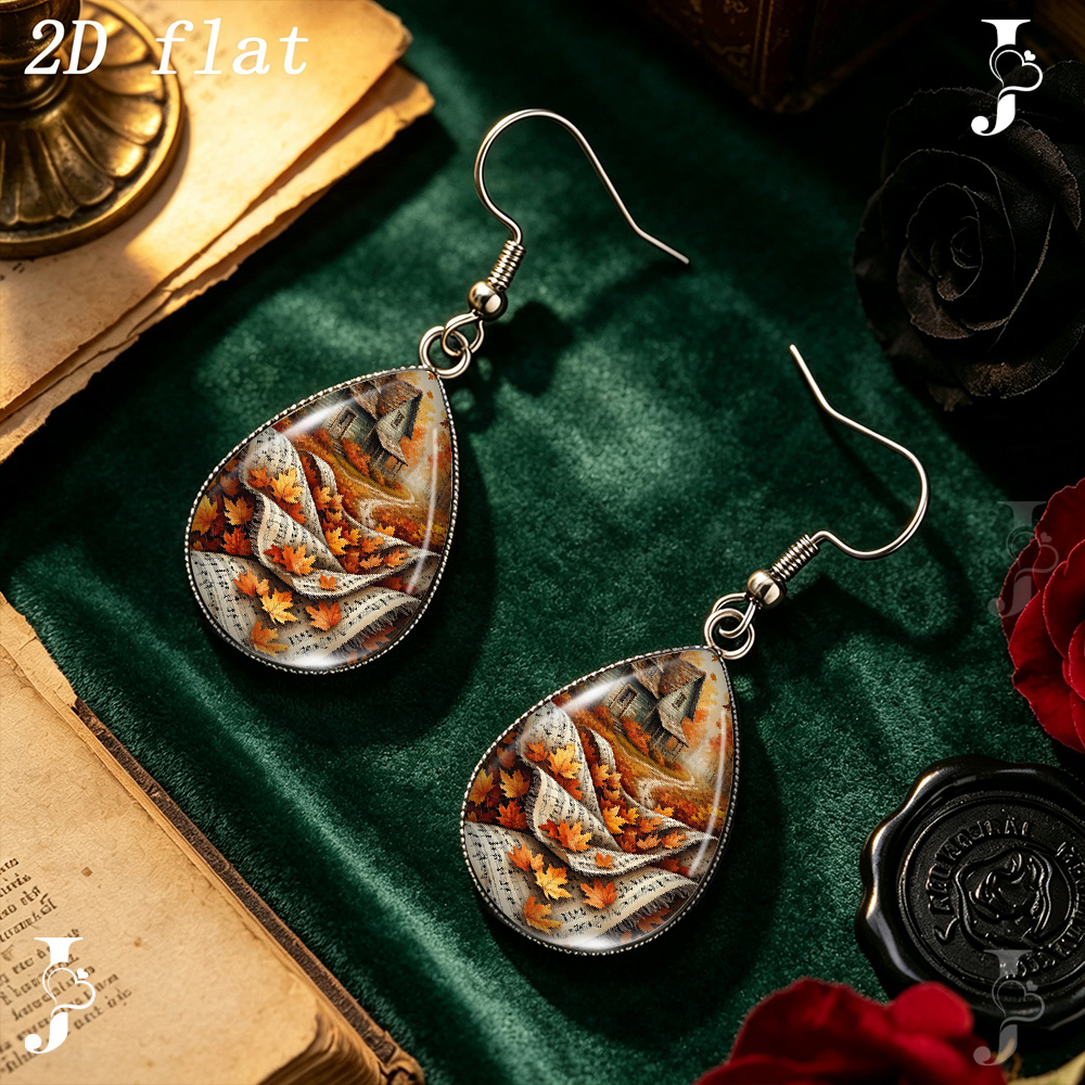 Teardrop Dangle Earrings with Autumn Maple Leaves Pattern