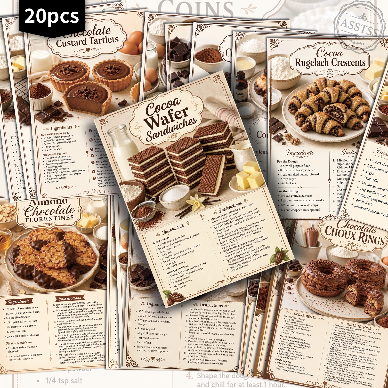 TEMU 20-pack Asstss Vintage Chocolate Recipes Postcards - 4x6 Inches Retro Junk Journal Supplies, Classic Pinup Illustrations Collectible Decorative