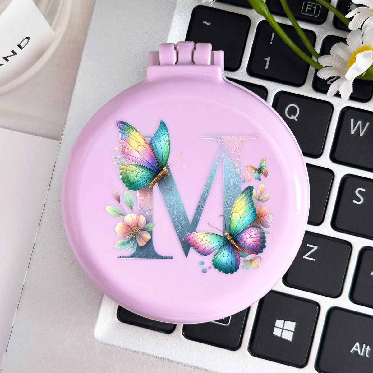 TEMU 1pc Purple 26 Pattern Letter Makeup Mirror Portable Foldable Mini Round Air Cushion Comb Ladies Hair Comb Mirror Airbag Comb Massage Comb Comb
