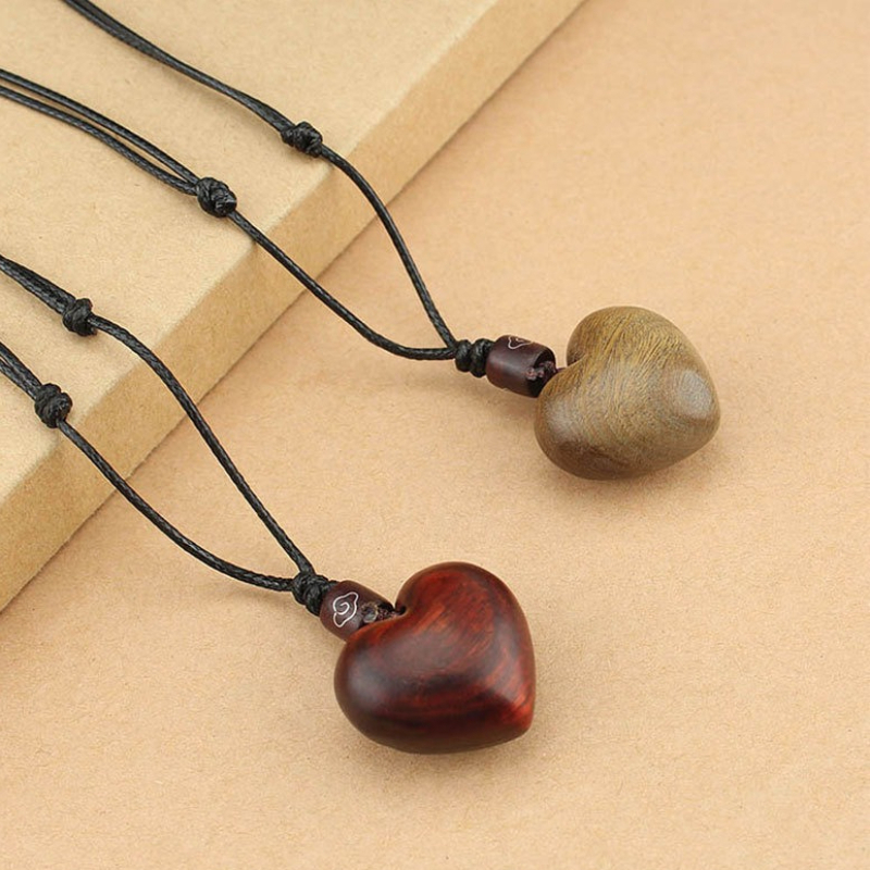 Image of 2pcs Sandalwood Peach Heart Love Necklace, Vintage Wooden Pendant Long Sweater Chain, Artistic Ethnic Style And Hemp Accessory, Valentine's Day Gift