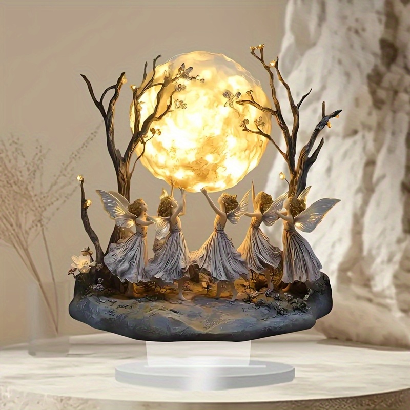 

2d Flat, Elegant Bohemian Acrylic Moon & Tree Elf Statue With Illuminated Fairies - Magic Theme With Base, Desk Decor, Festival Display, Fairy Party Decorations